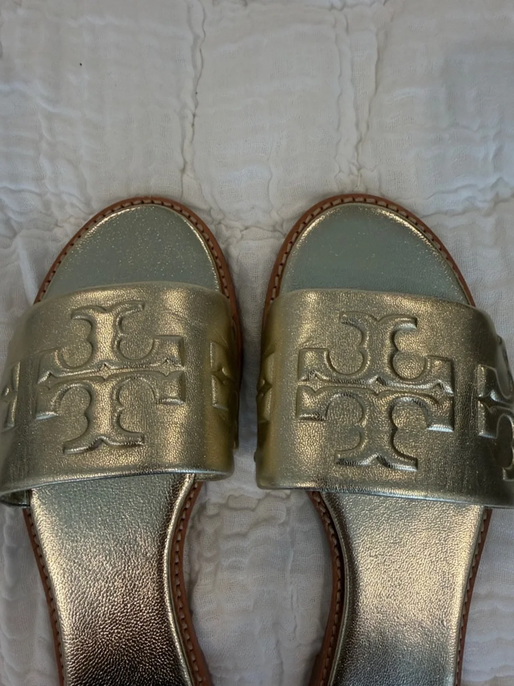 Tory Burch Metallic Gold Logo Slide Sandals - Gold - Picture 2 of 4